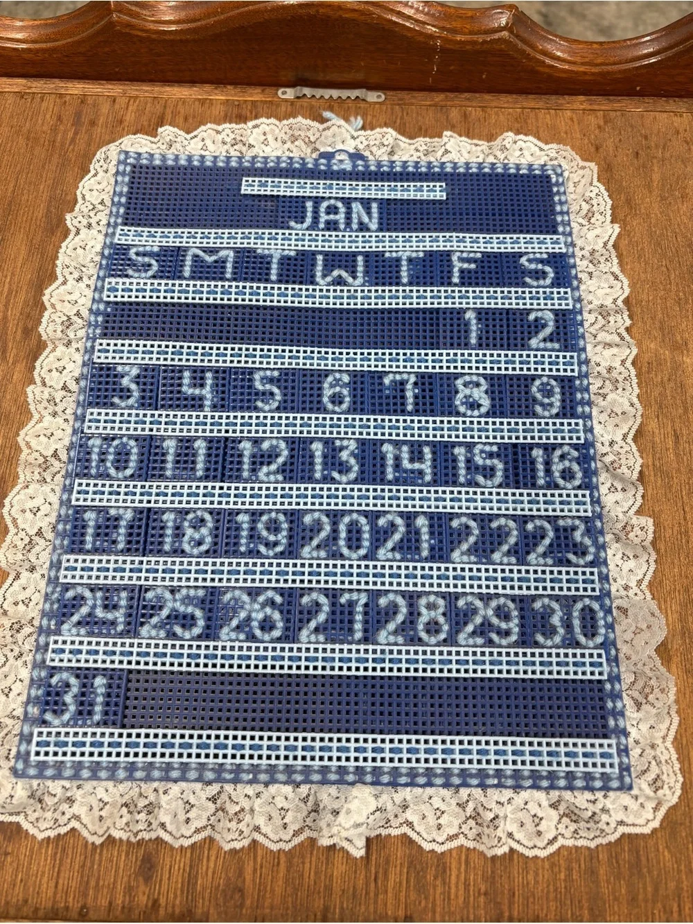 NOS VTG Handmade Needlepoint Perpetual Calendar Latch Hook Lace Edge All Pieces